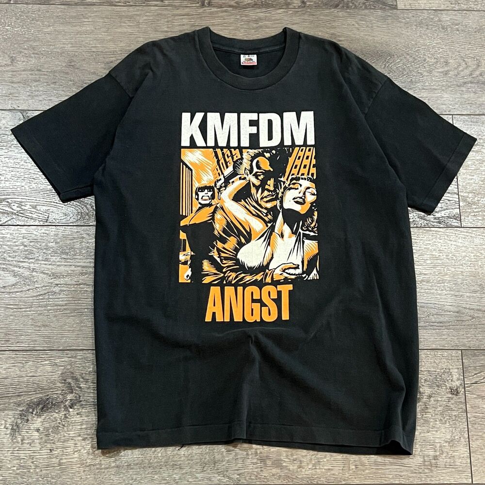 RARE! Vintage 90s KMFDM Angst Band Industrial Graphic Tee Shirt Black - Men's XL